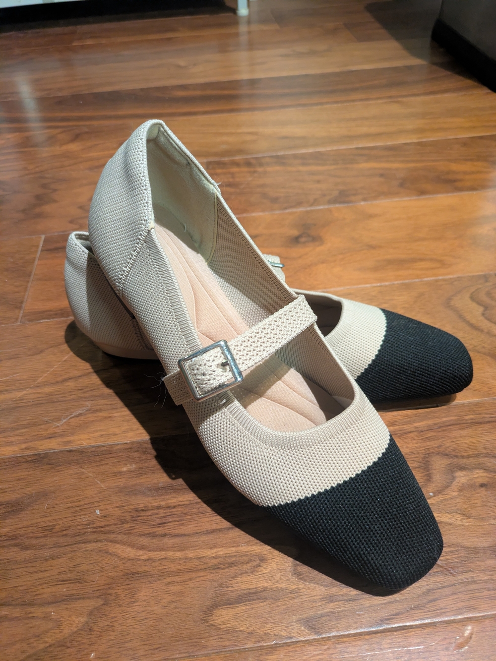 Beige and Black Mary Jane Flats with Buckle Strap